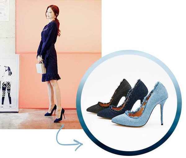 Denim On #7 - Fringed Detail Hem Denim Heels